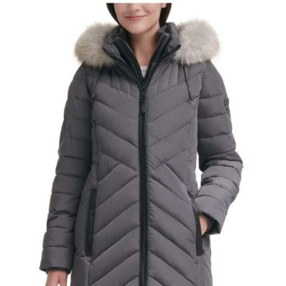 NWT DKNY Gray Puffer Jacket with Faux Fur Trimmed Hood